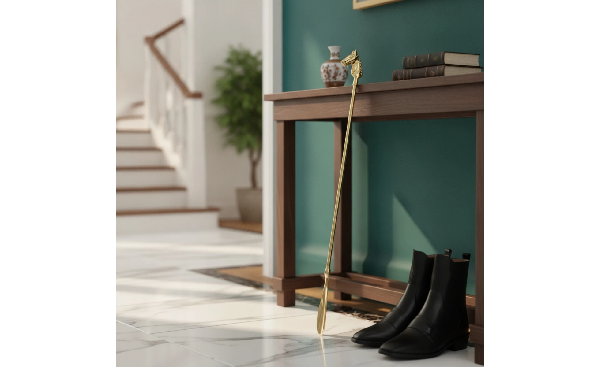 Cuchara para zapatos de latón con cabeza de caballo y mango decorativo
