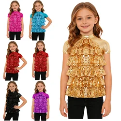 Camiseta de niña para danza jazz con malla y lentejuelas metálicas