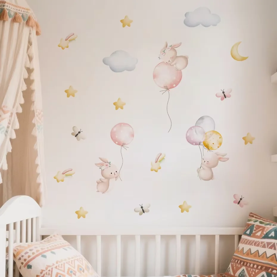Pegatinas de pared vinilo acuarela rosa conejito luna estrellas - imagen 5