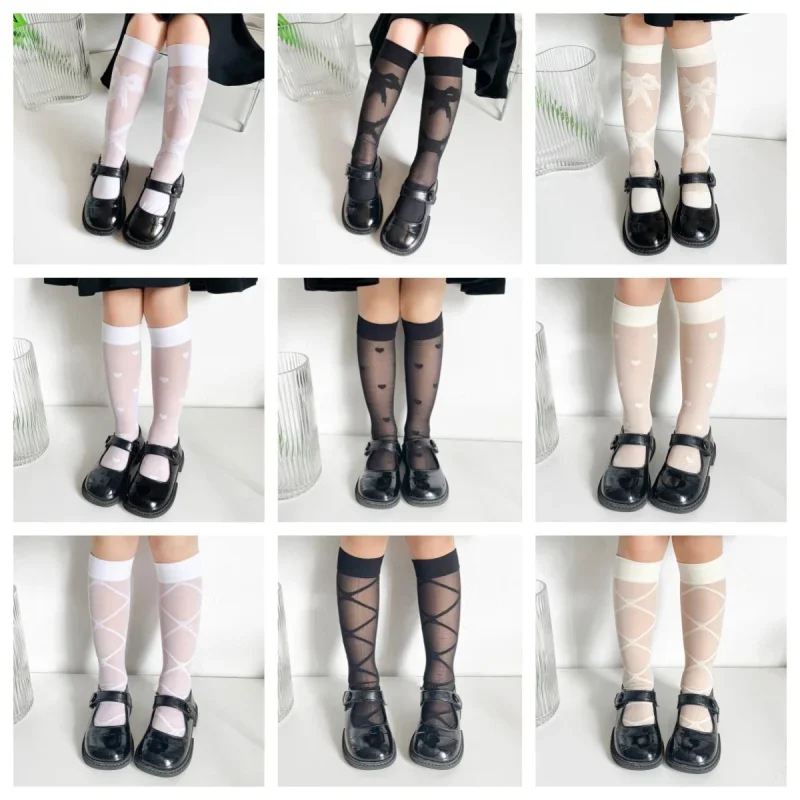Calcetines de seda con lazo de corazón para niñas pequeñas – Finos y transpirables