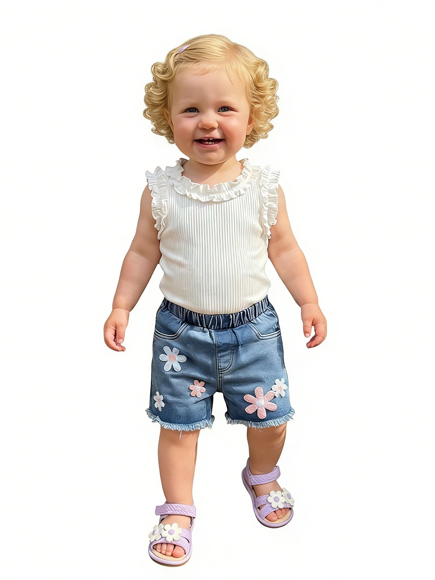 Shorts vaqueros con bordado de flores en color morado/blanco