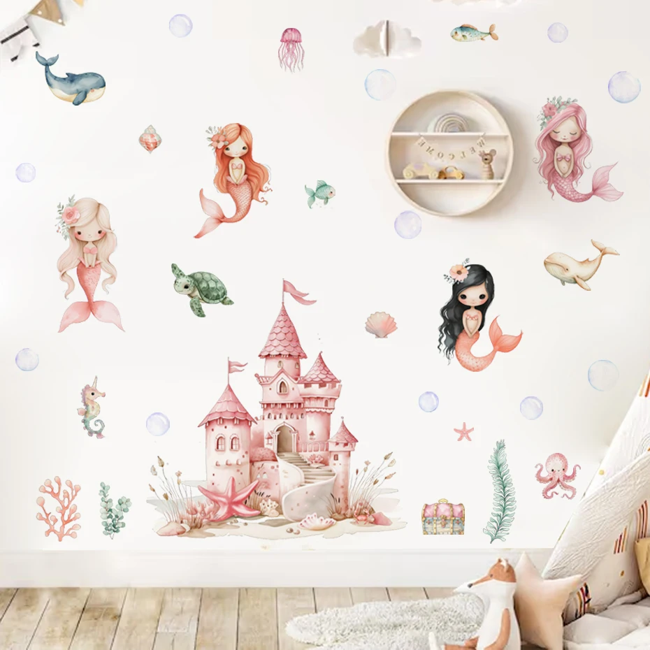Adhesivo de pared sirena para habitación infantil y baño rosa