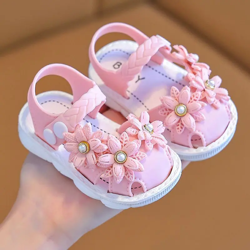 Sandalias de primeros pasos con perlas y flores, antideslizantes