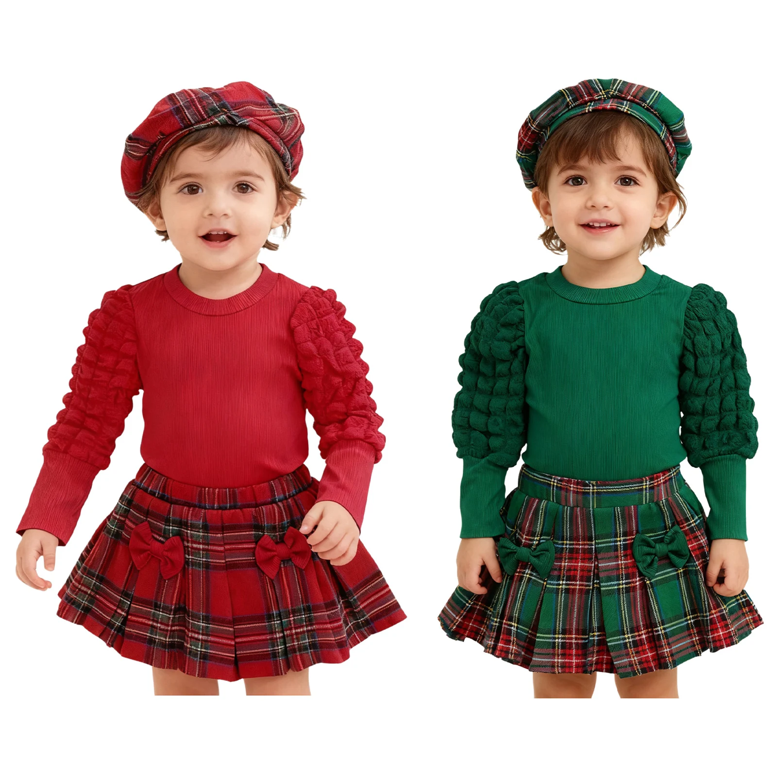 Traje navideño para bebé y niña con sombrero, falda a cuadros