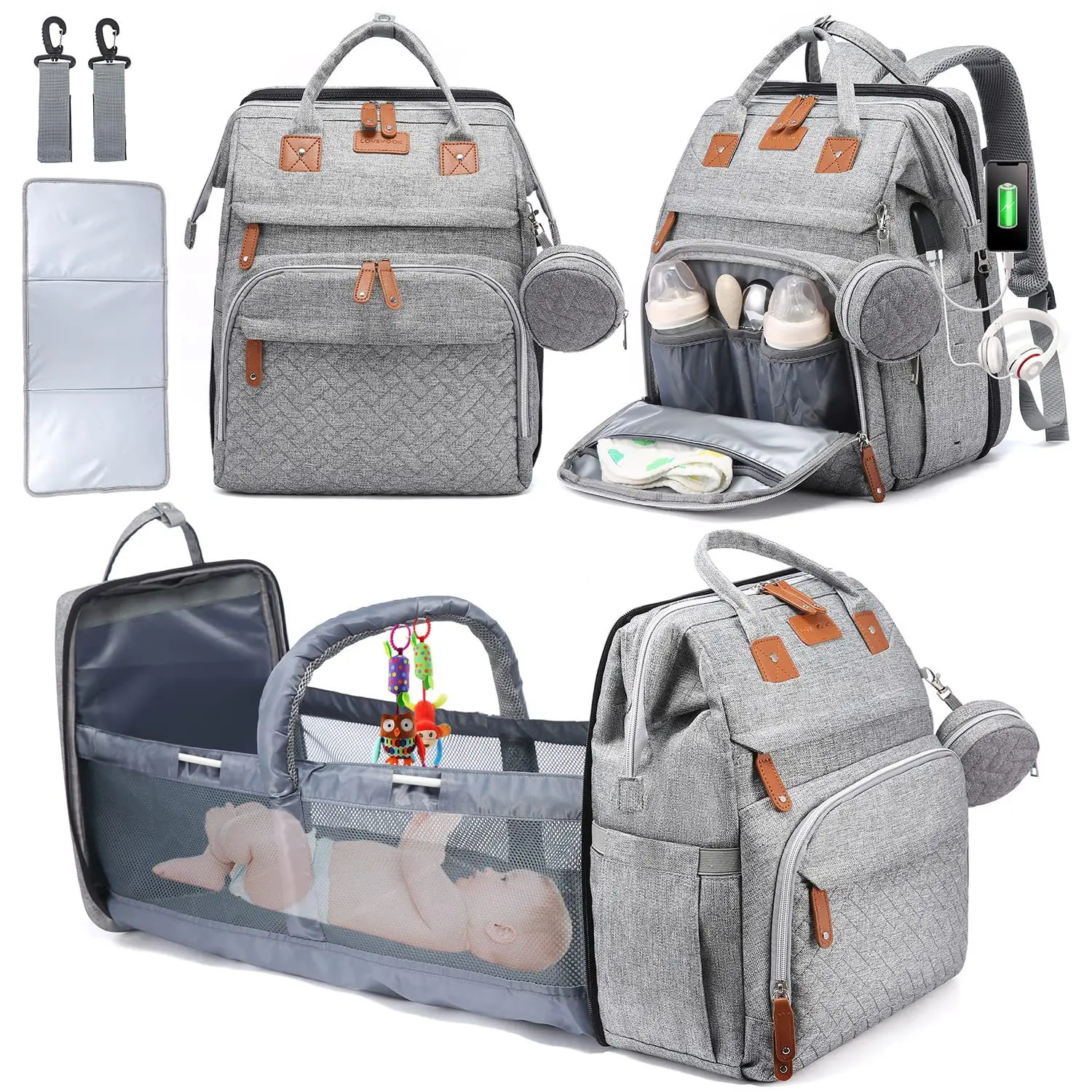 Mochila de pañales con cambiador y mosquitera para cochecito