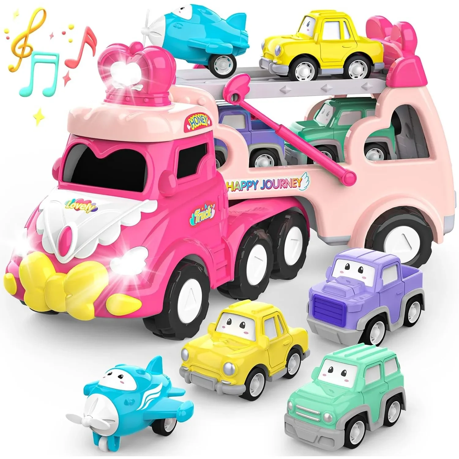 Camión transportador rosa con luces y música para niñas