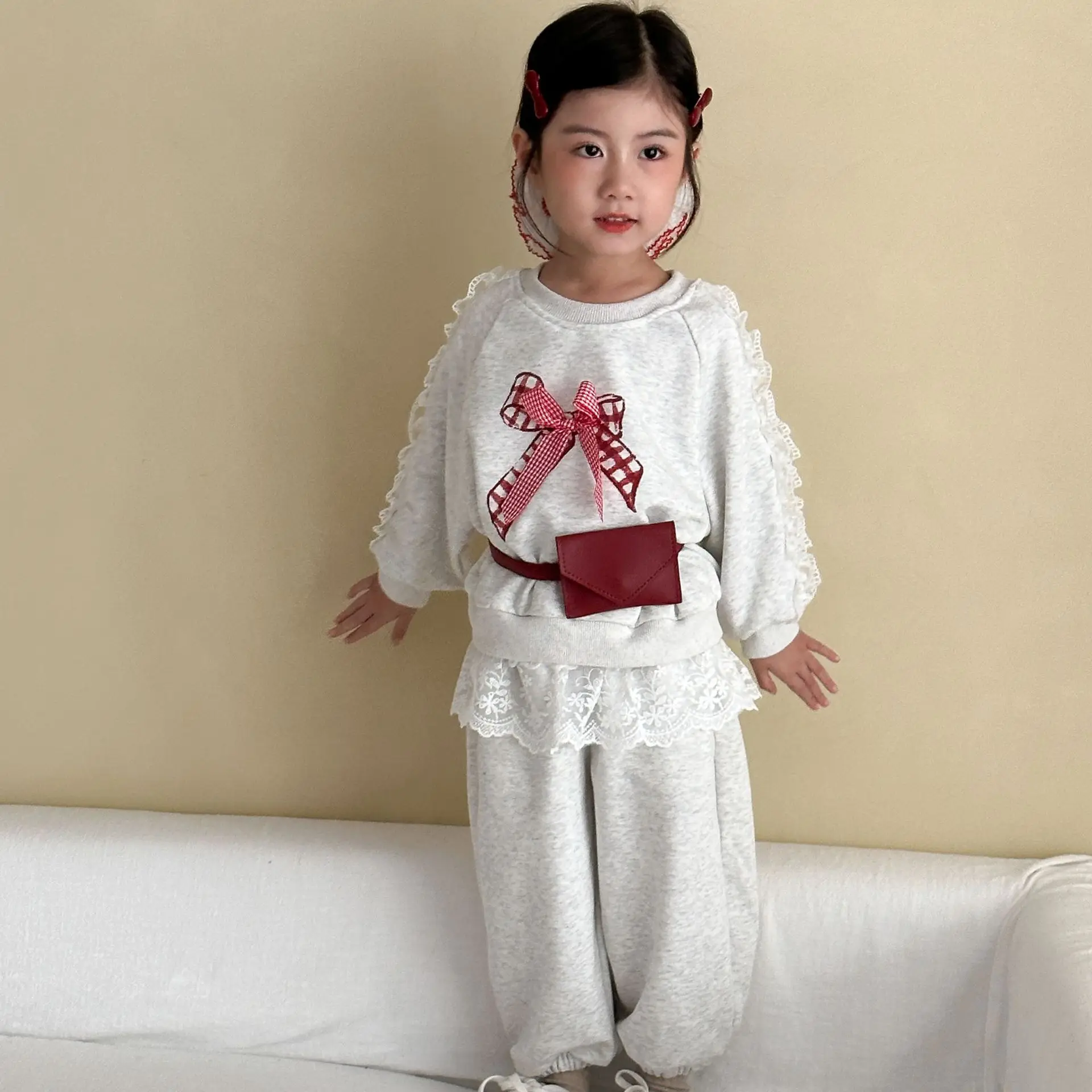 Conjunto niña manga larga gris lazo encaje estilo coreano otoño - imagen 2