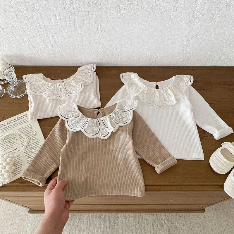 MILANCEL Blusa de encaje con cuello hoja loto para bebé manga larga - imagen 2