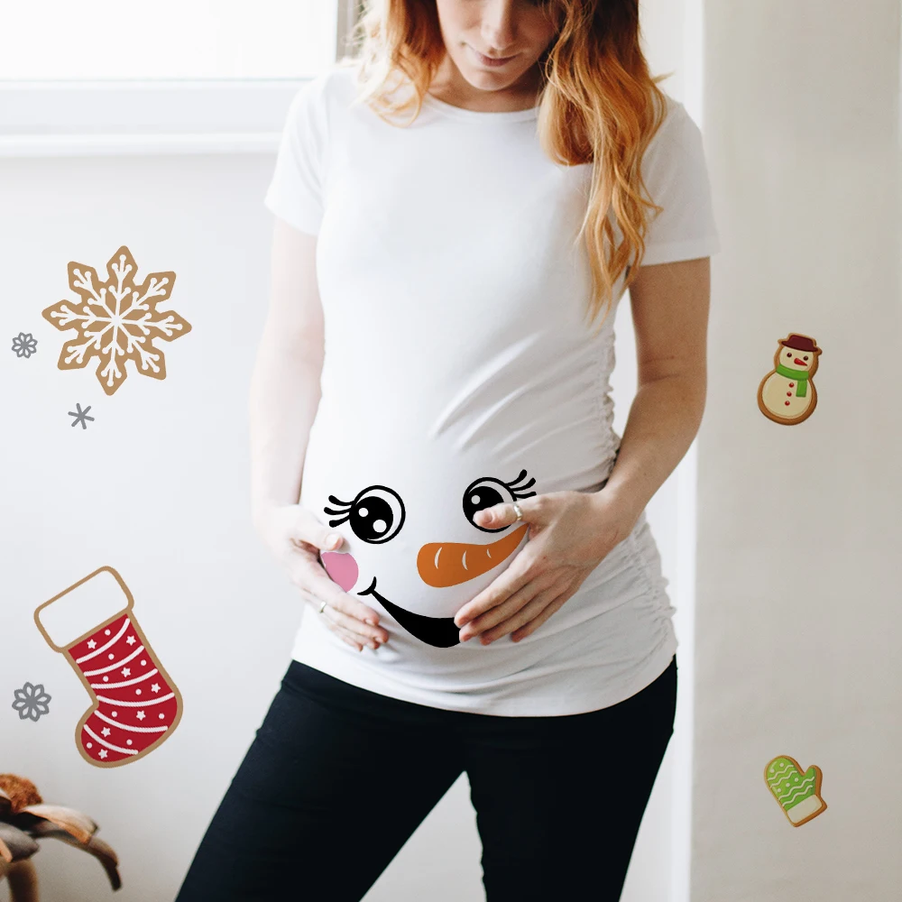 Camiseta maternidad navideña blanca manga corta muñeco de nieve