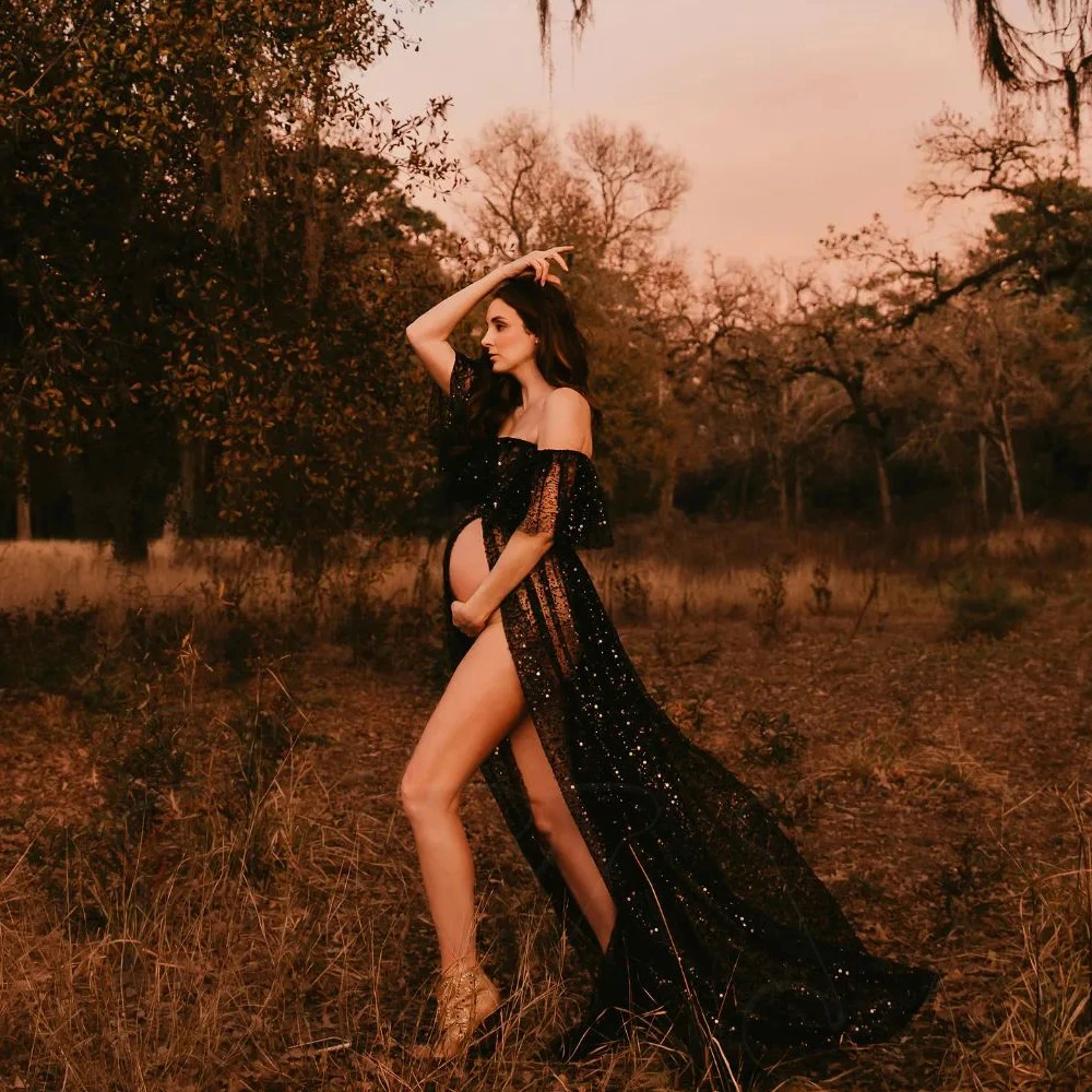Vestido de maternidad para fotos con malla transparente y pedrería - imagen 2