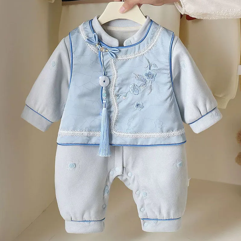 Conjunto de bebé bordado estilo chino – top y pelele azul