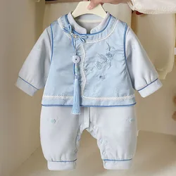 Conjunto de bebé bordado estilo chino – top y pelele azul