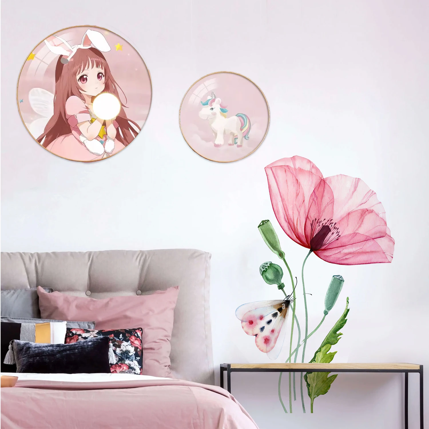 Vinilo decorativo pared acuarela con mariposas y hojas verdes - imagen 3