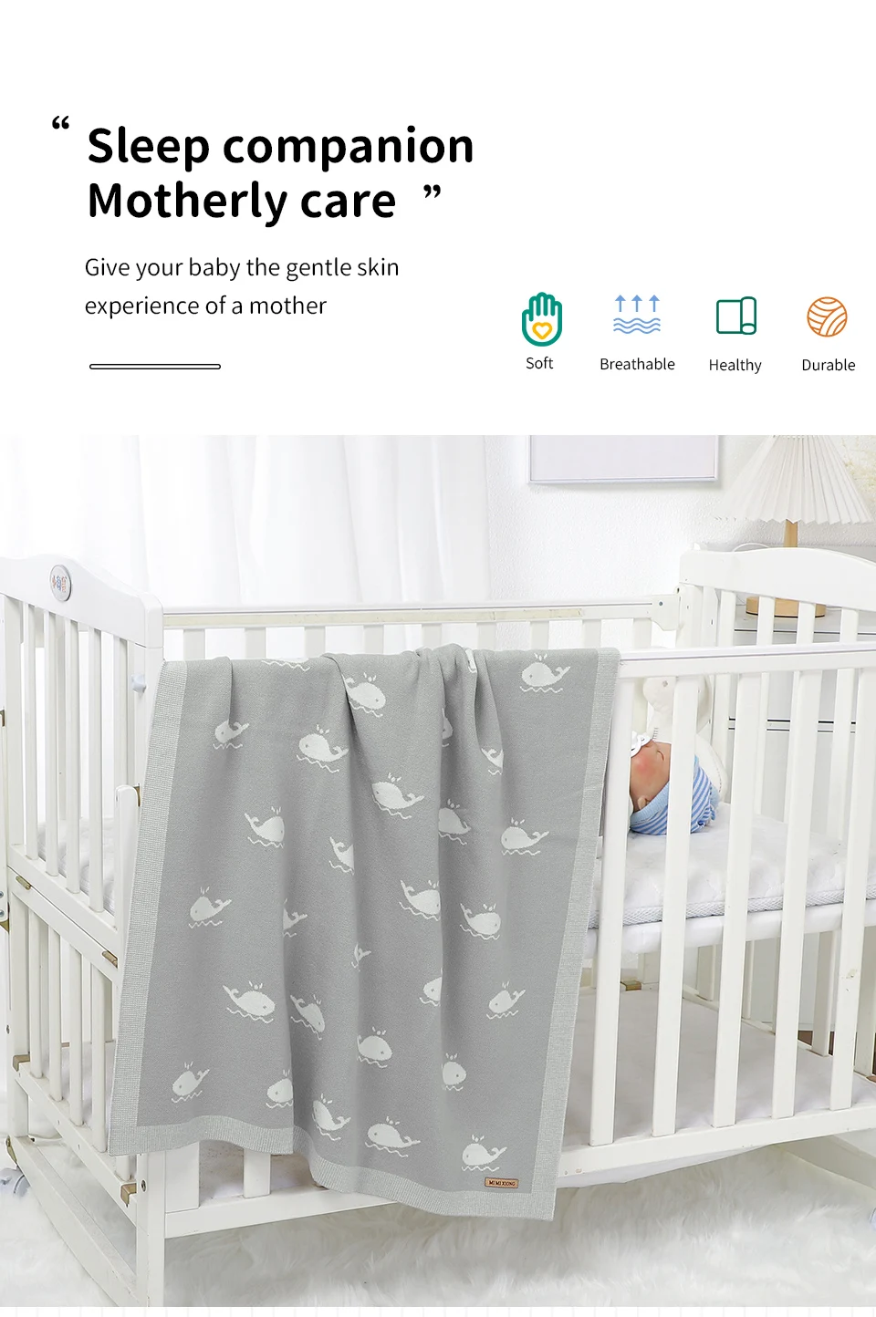 Manta de punto para bebé en uso en cuna infantil