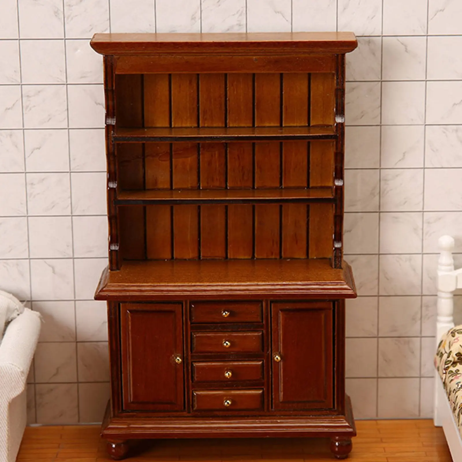 Gabinete de madera en miniatura con puertas, cajones y vitrina - imagen 4