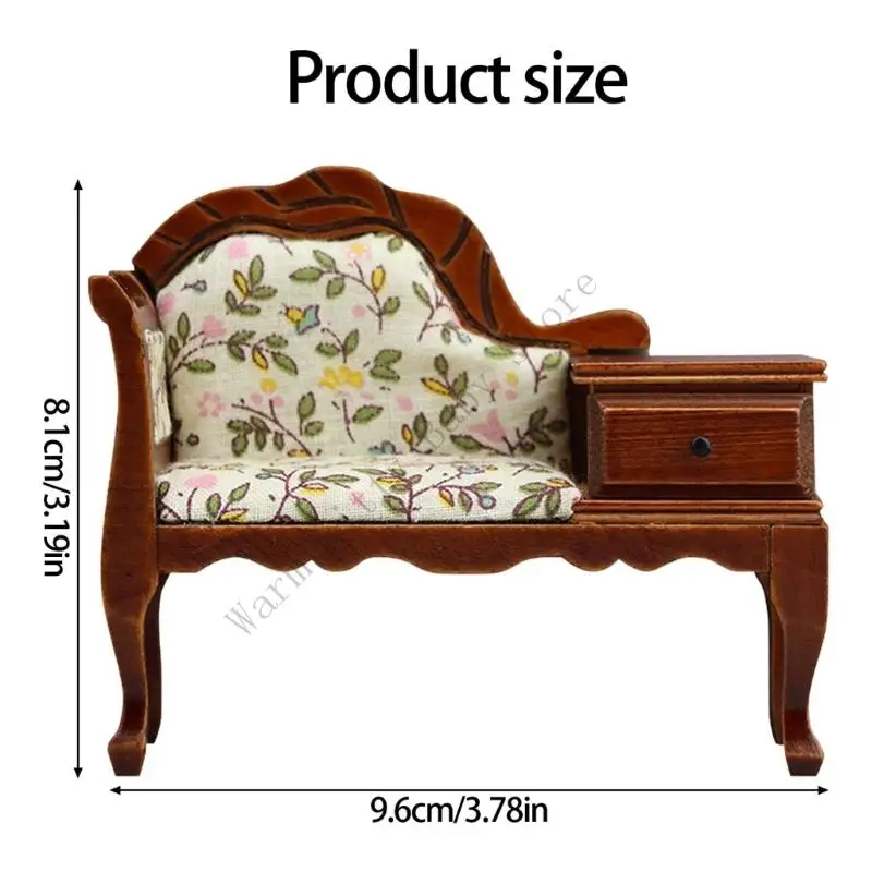 Sillón miniatura floral en madera para casa de muñecas con cajón - imagen 4