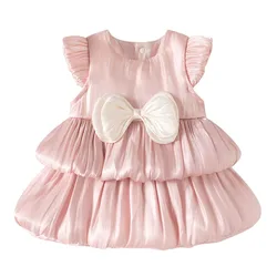 Vestido de niña sin mangas de malla rosa con lazo estilo coreano
