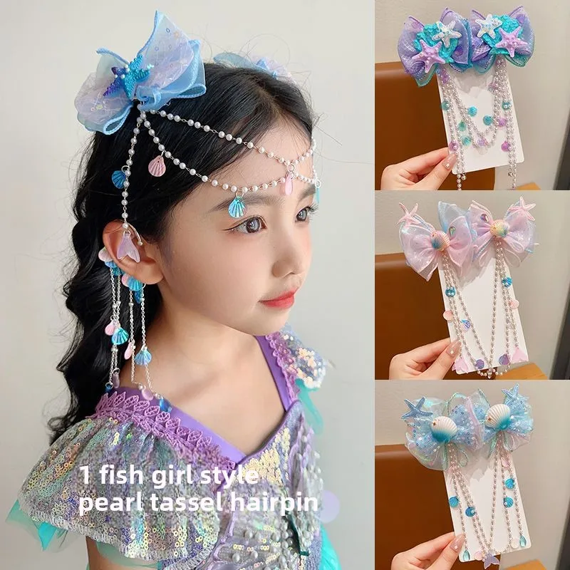Pinzas de pelo para niña estilo sirena con borlas y orejeras - imagen 3