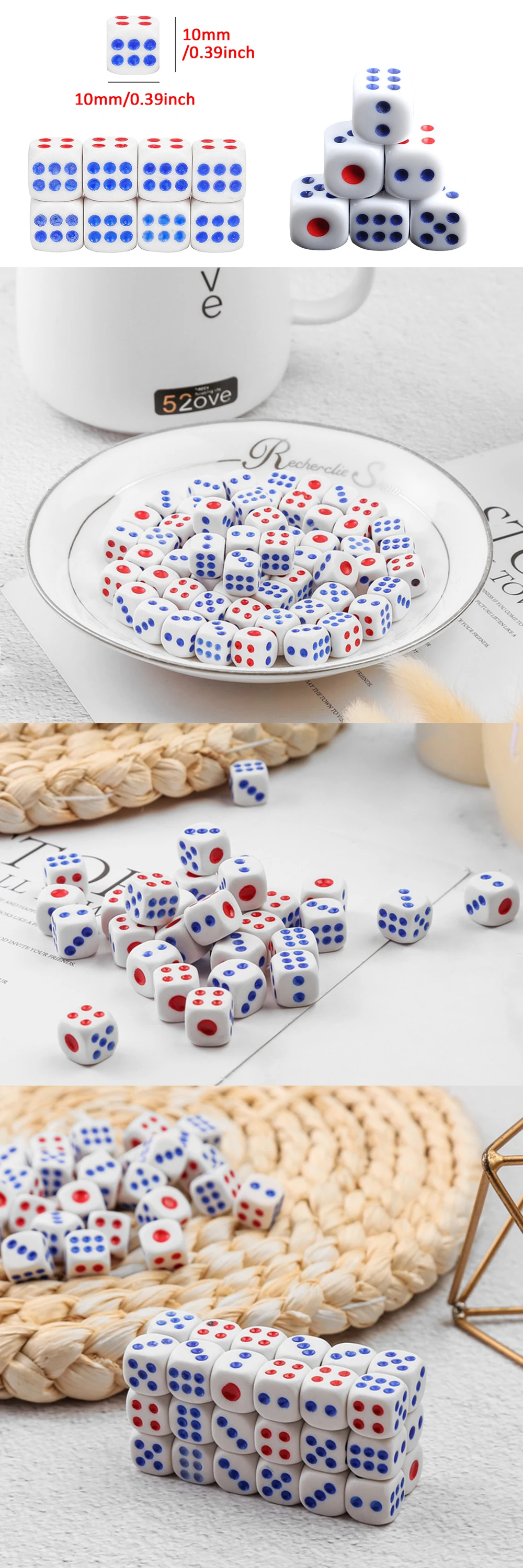 Dados con puntos rojos y azules sobre fondo blanco