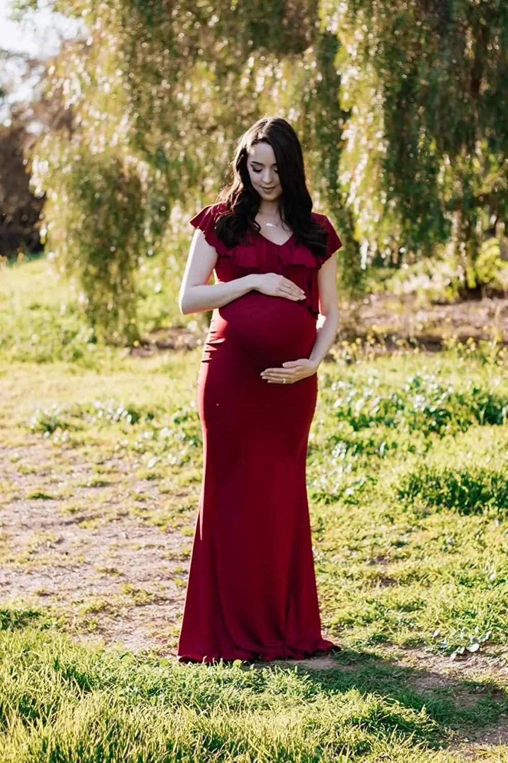 Vestido de embarazo largo con hombros descubiertos para fotos - imagen 5