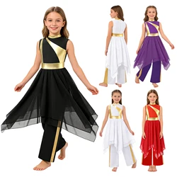 Traje de danza litúrgica infantil: túnica metálica sin mangas y pantalón