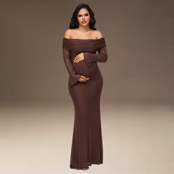 Vestido premamá largo elegante con hombros descubiertos y lentejuelas