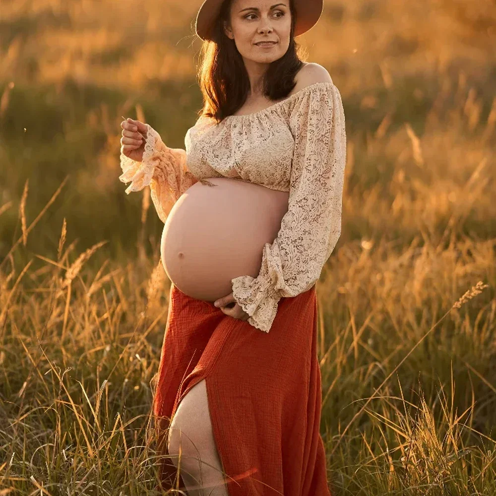 Vestido de maternidad bohemio con encaje y falda en lino