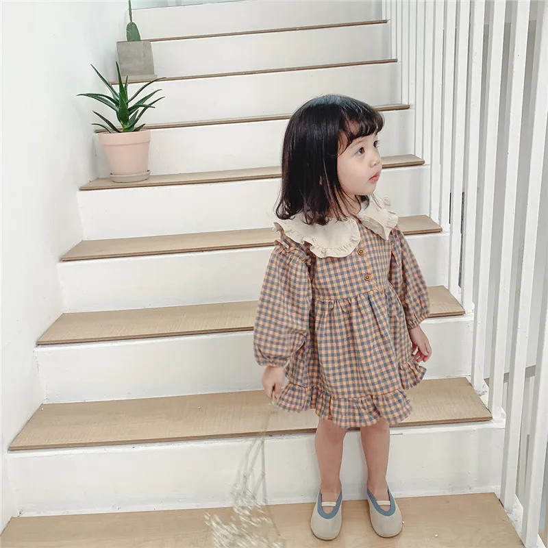 Vestido de lino a cuadros manga larga para niña primavera otoño - imagen 2