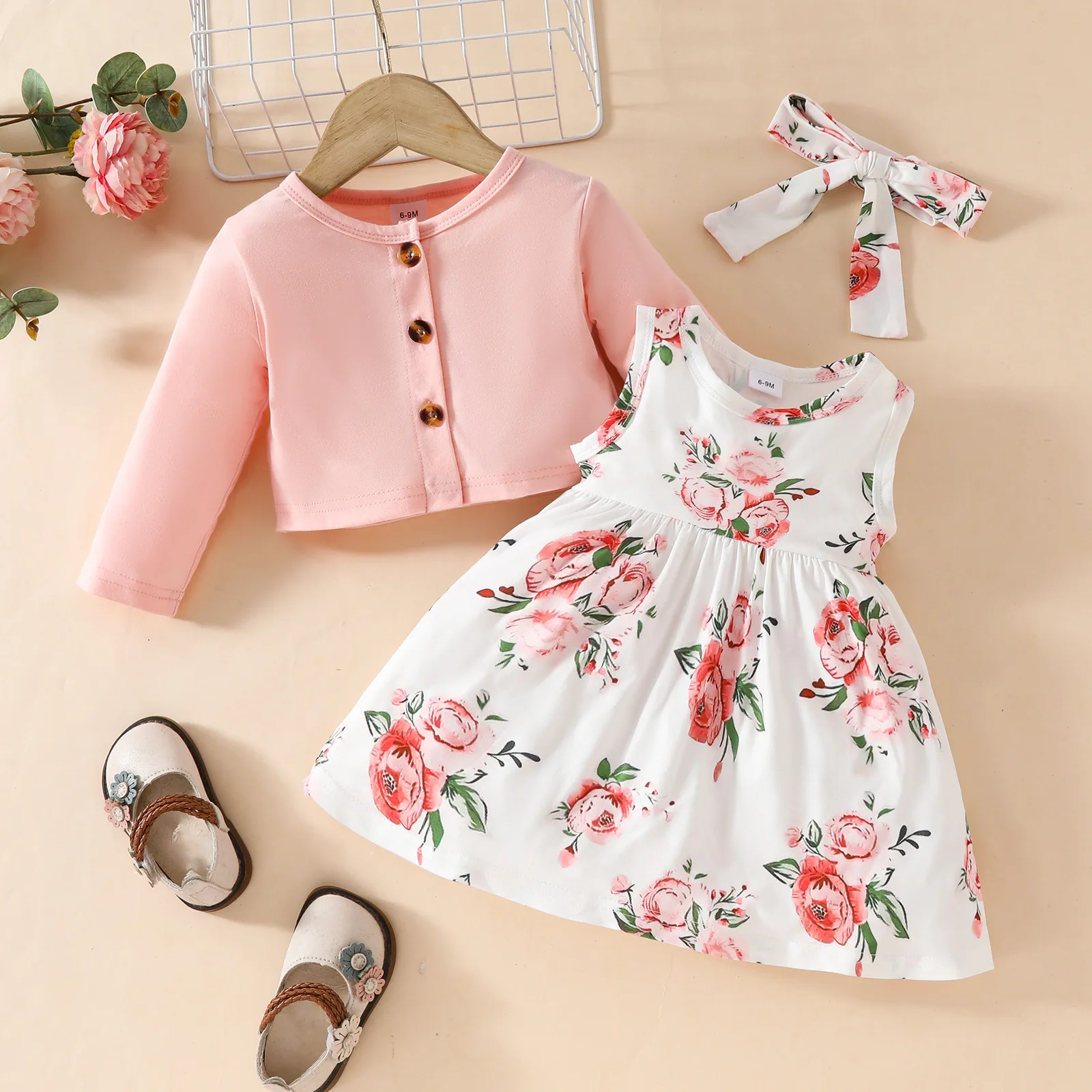 Conjunto bebé niña primavera-verano: top flores, vestido y diadema