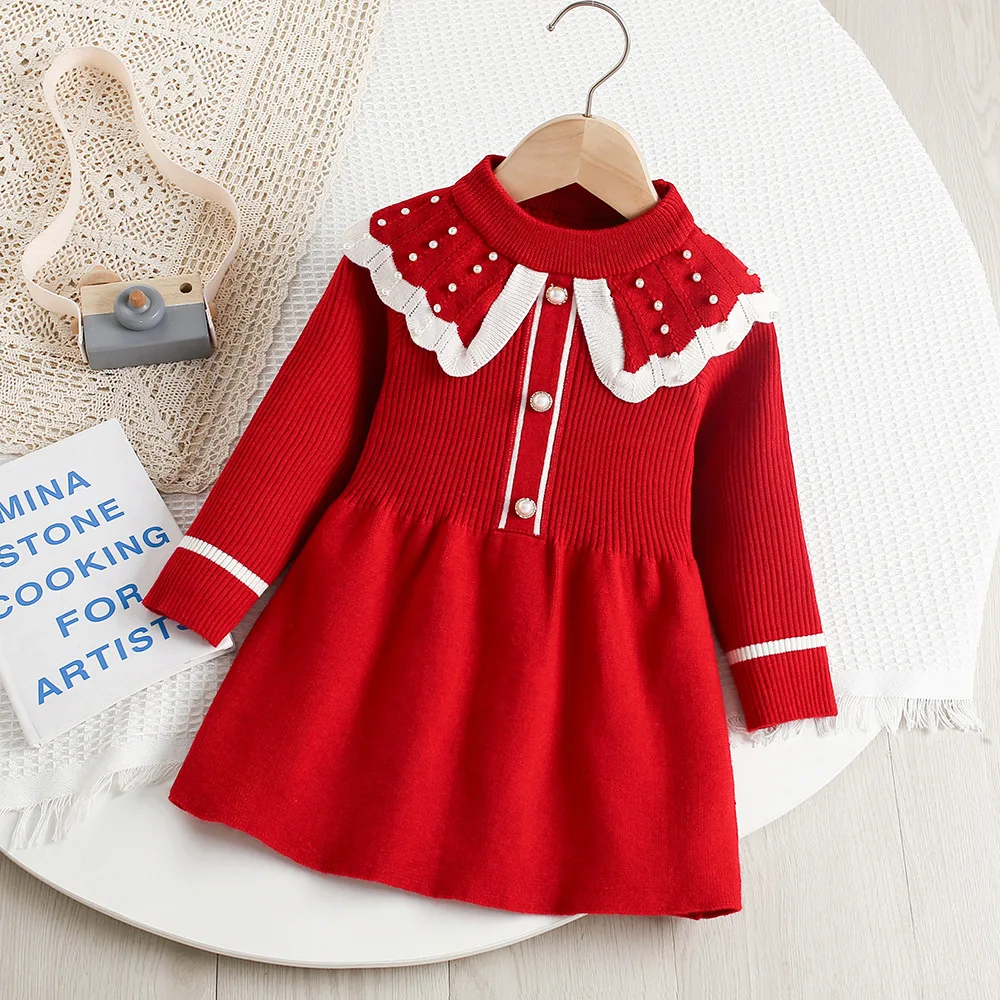 Vestido de punto para niña estilo princesa con perlas para otoño