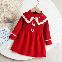 Vestido de punto para niña estilo princesa con perlas para otoño