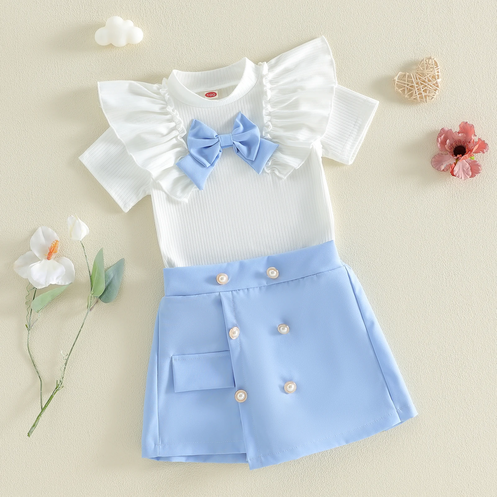 Conjunto de blusa con volantes, lazo y pantalón corto para niña - imagen 4
