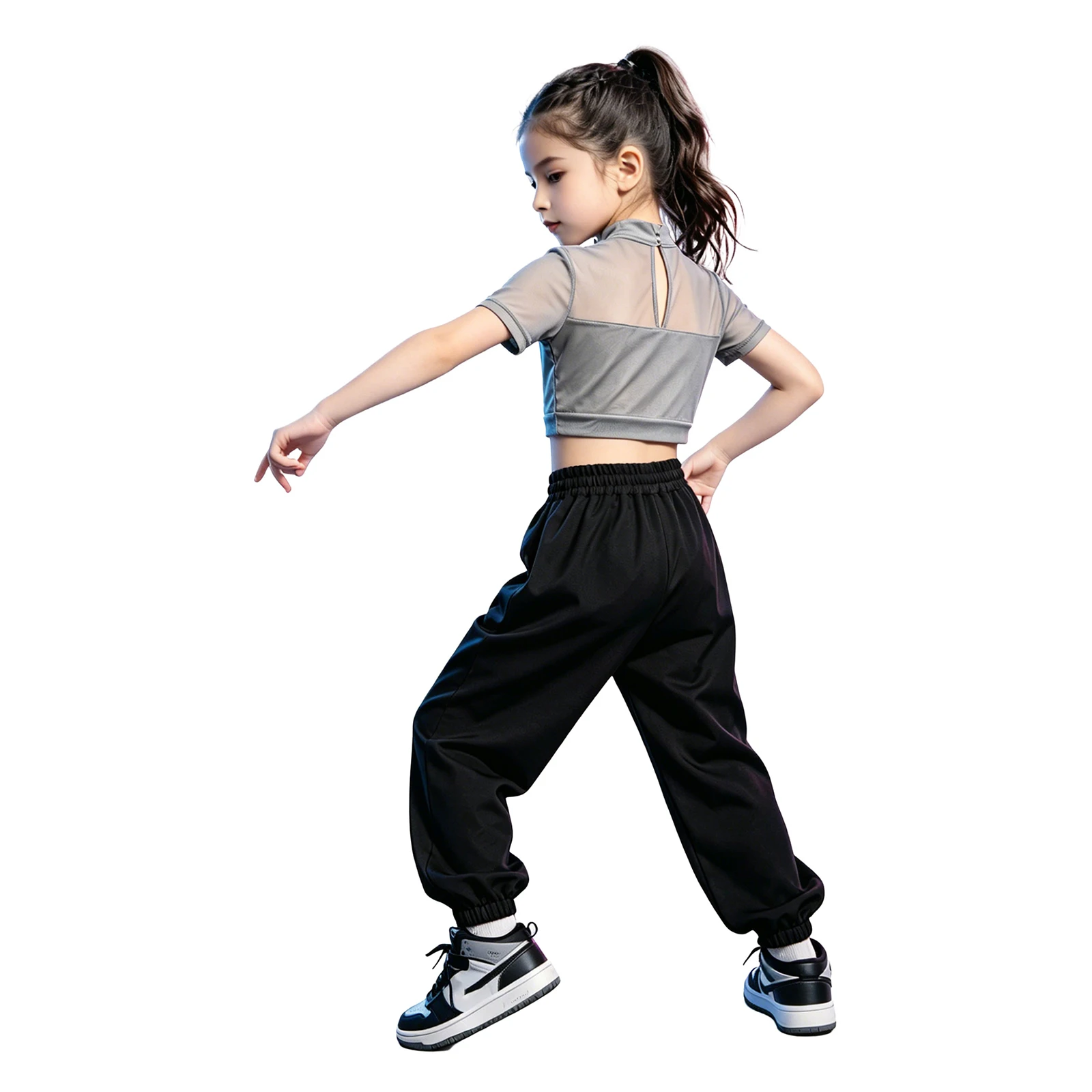 Conjunto de baile hip hop para niñas con top de malla y cargo - imagen 2