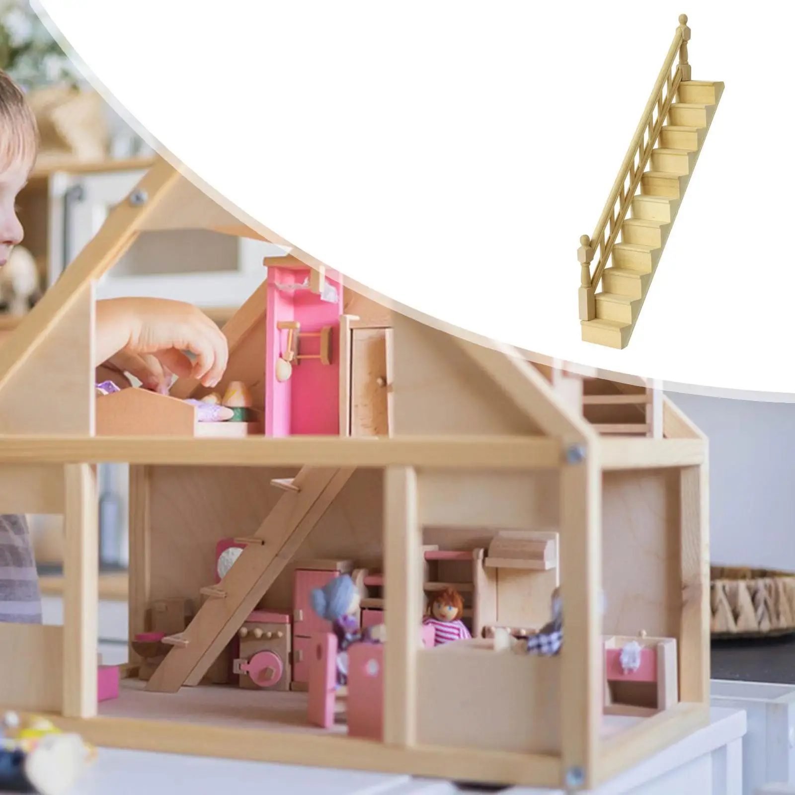Escalera para casa de muñecas con pasamanos en madera - imagen 5