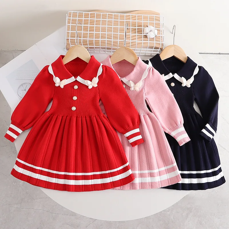 Vestido de punto para niña a rayas con lazo y perlas