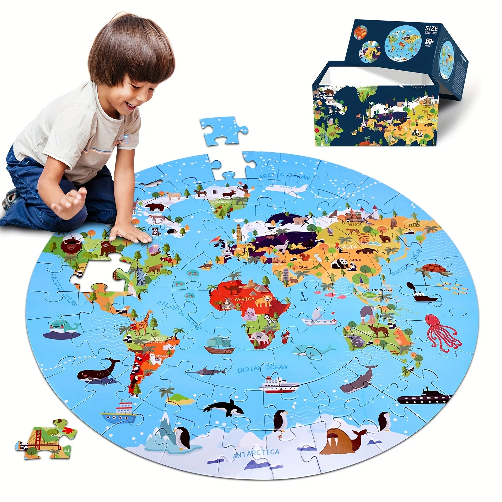 Niño ensamblando rompecabezas de mapa del mundo