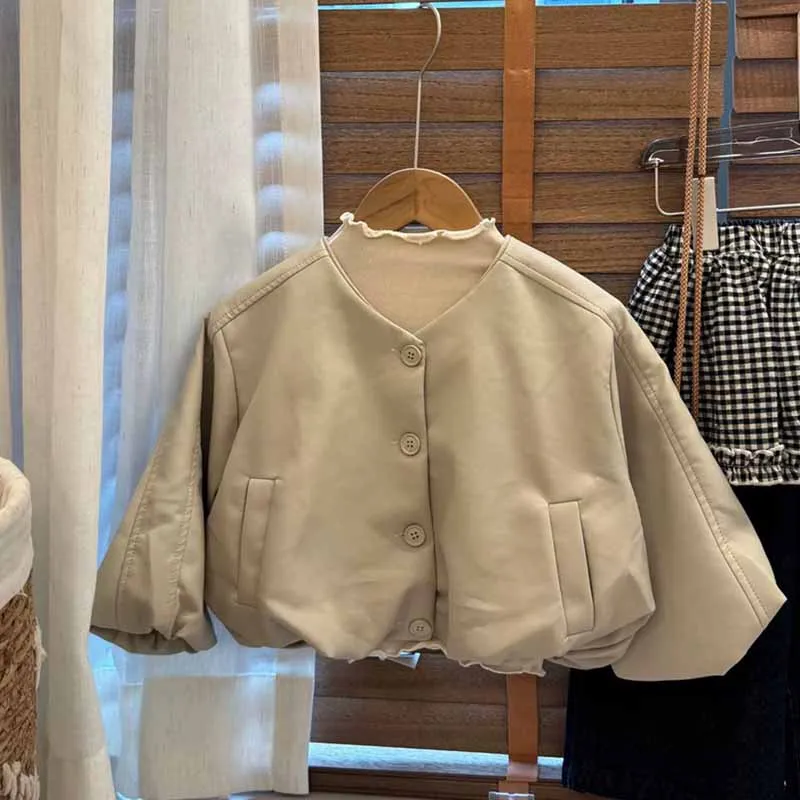 Chaqueta de cuero informal para niña en color sólido de primavera - imagen 5