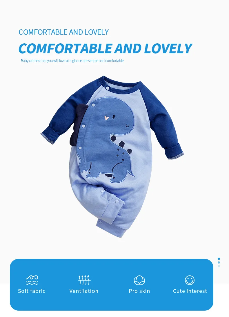 Pelele para bebé recién nacido con dinosaurio y manga larga azul