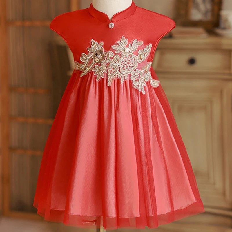 Vestido verano niña rojo con bordado floral transpirable - imagen 4