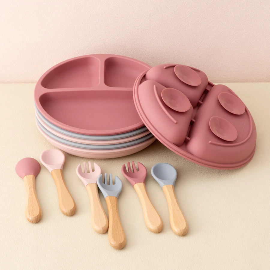 Vajilla infantil de silicona con mango de madera - Plato y cubiertos - imagen 4