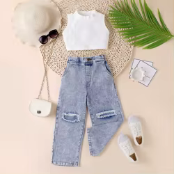 Conjunto niña verano top tirantes finos y vaquero desgarrado