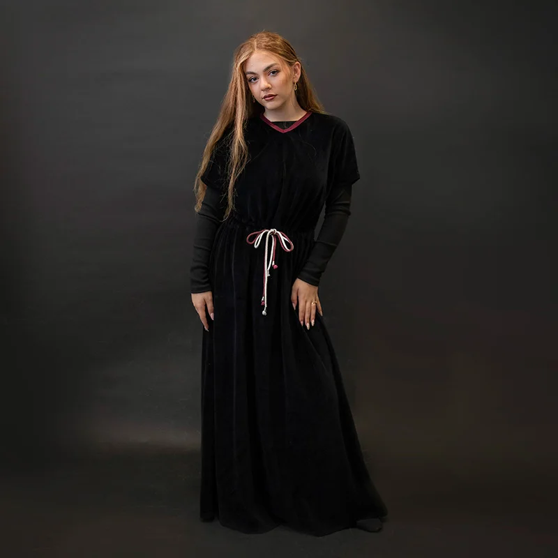 Shabbos vestido terciopelo negro con lazo, manga corta de invierno - imagen 2