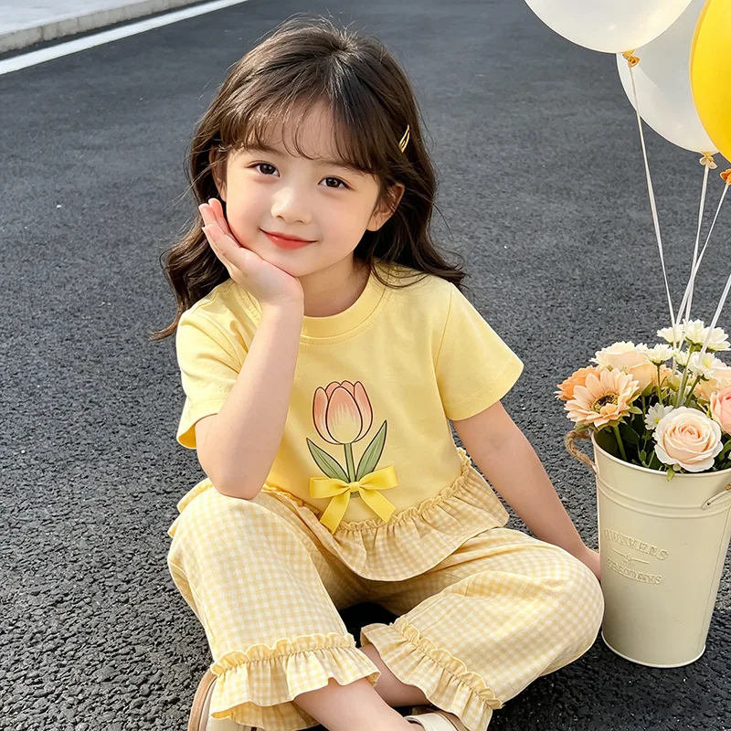 Conjunto de verano niña Somenie con camiseta a cuadros y lazo - imagen 3