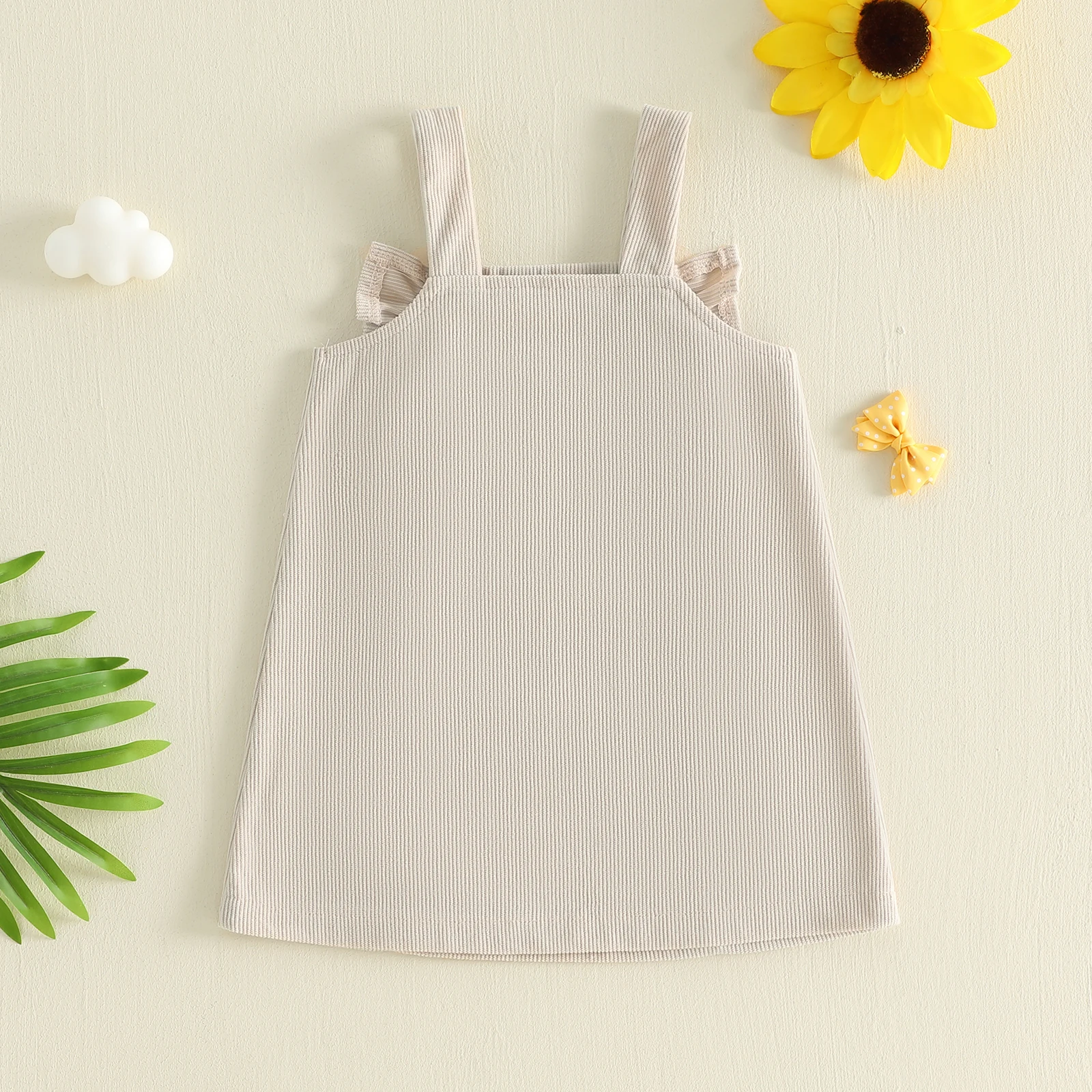 Vestido de pana con tirantes para bebé niña: lazo bordado y volantes - imagen 3