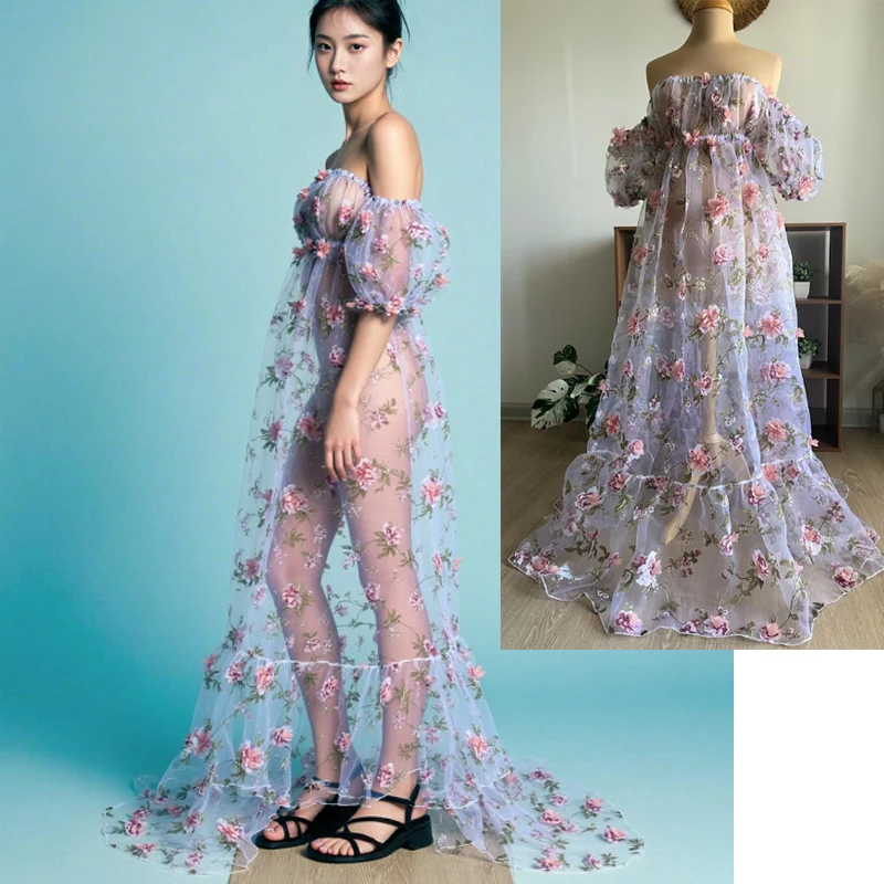 Vestido premamá de tul floral con pétalos de rosa efecto relieve - imagen 5