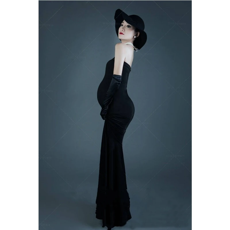 Vestido de maternidad negro un hombro sin mangas con cola para fotos