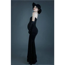 Vestido de maternidad negro un hombro sin mangas con cola para fotos