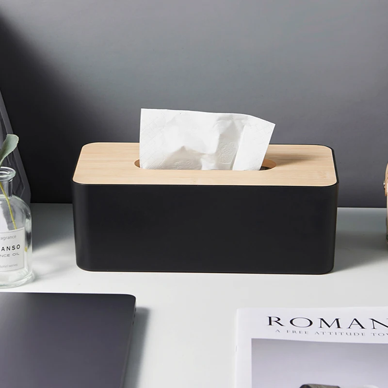 Caja de pañuelos negra para escritorio con soporte de almacenamiento - imagen 3
