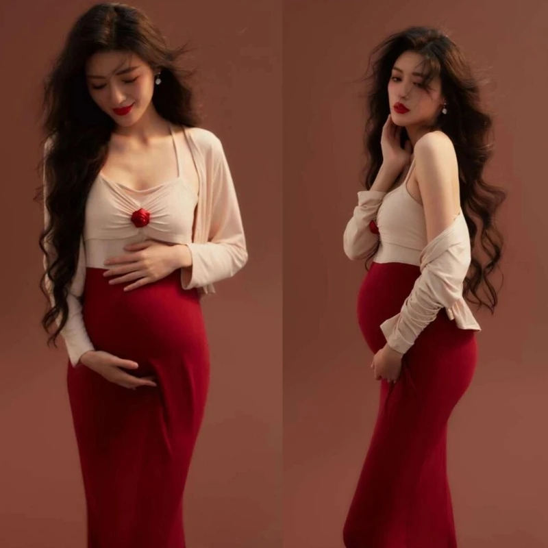 Vestido de maternidad vintage con cárdigan para sesión fotográfica - imagen 3