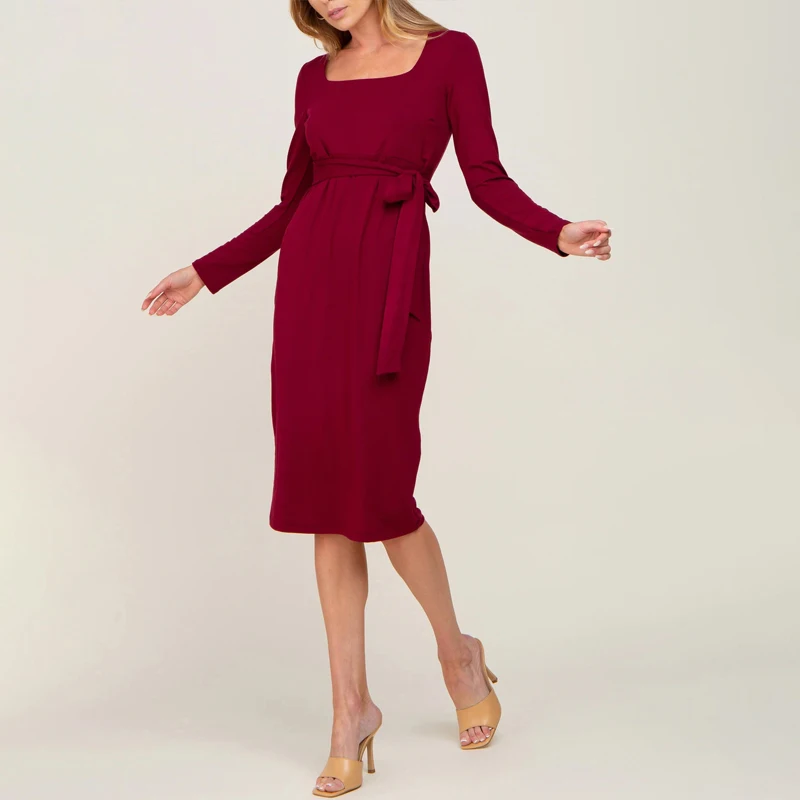 Vestido de maternidad elegante cuello grande cinturón lazo primavera - imagen 5